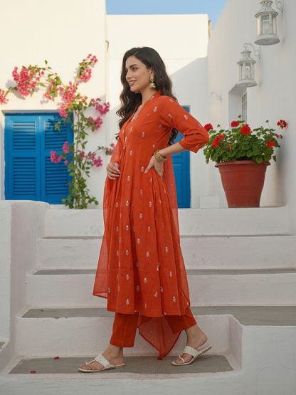 Solid Embroidered A-Line Kurta with Pant & Dupatta - Rust