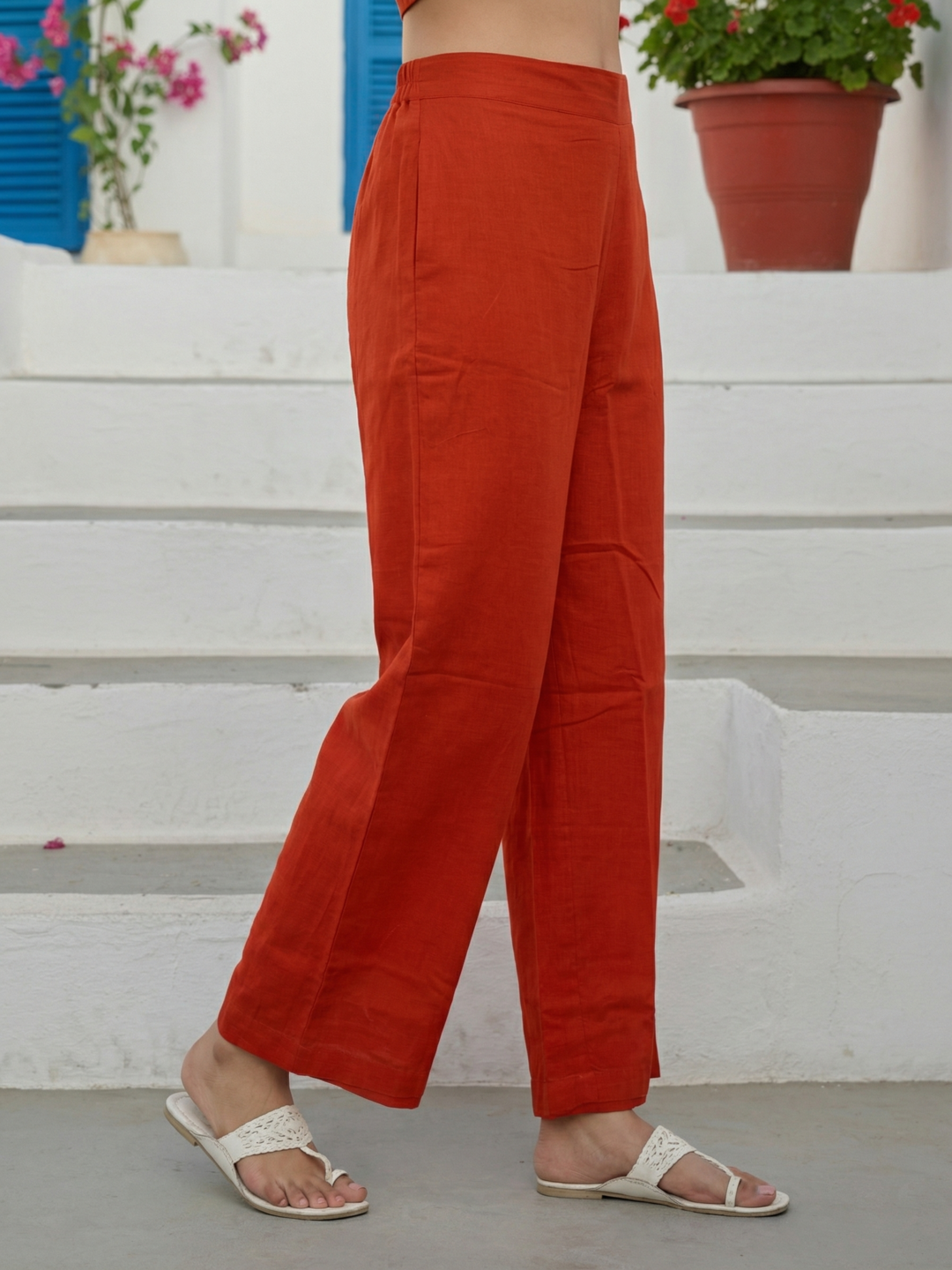 Solid Embroidered A-Line Kurta with Pant & Dupatta - Rust