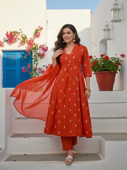 Solid Embroidered A-Line Kurta with Pant & Dupatta - Rust