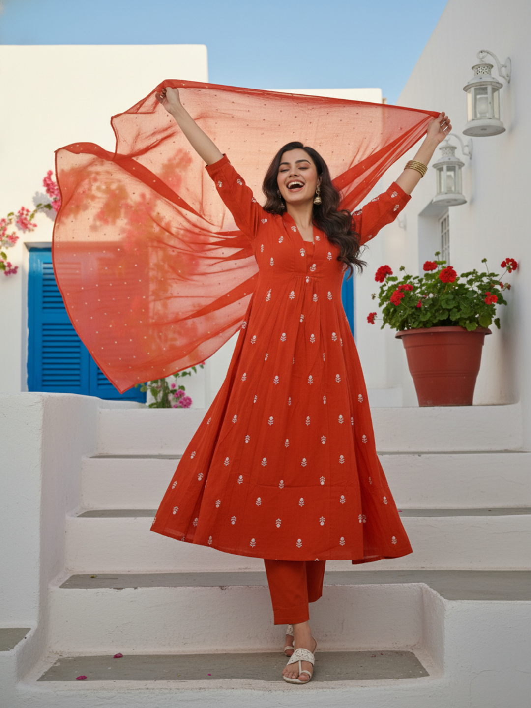 Solid Embroidered A-Line Kurta with Pant & Dupatta - Rust
