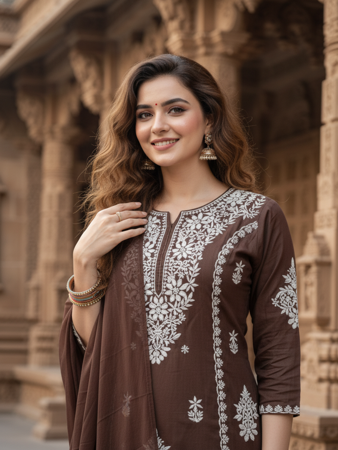 Solid Embroidered Straight Kurta with Palazzo & Dupatta - Brown