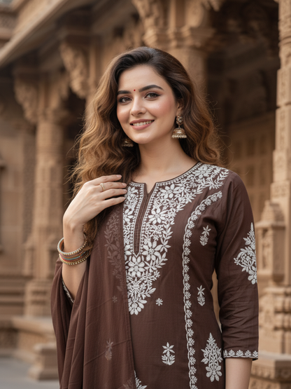 Solid Embroidered Straight Kurta with Palazzo & Dupatta - Brown