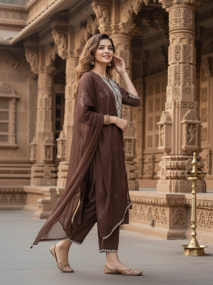 Solid Embroidered Straight Kurta with Palazzo & Dupatta - Brown