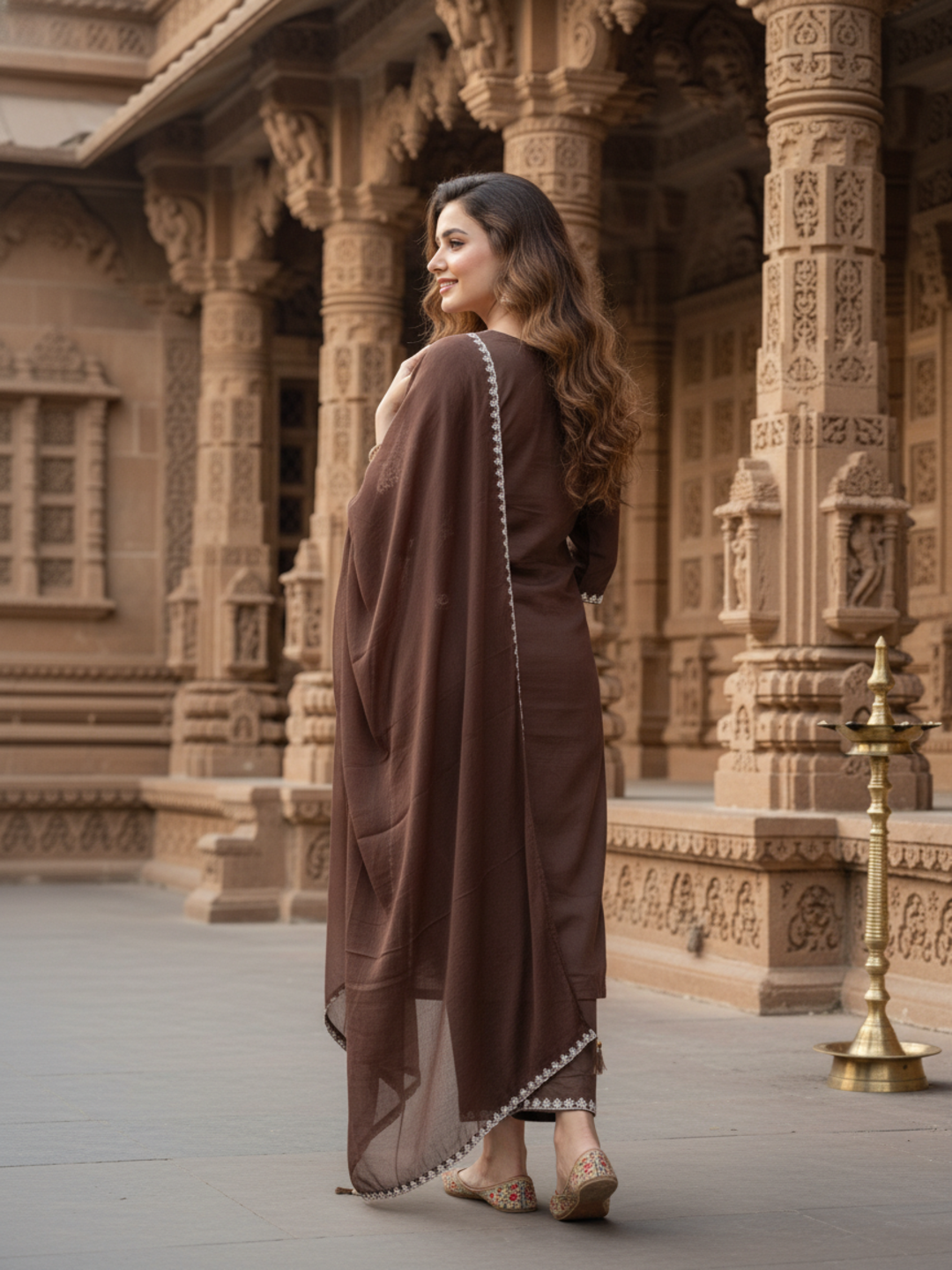 Solid Embroidered Straight Kurta with Palazzo & Dupatta - Brown