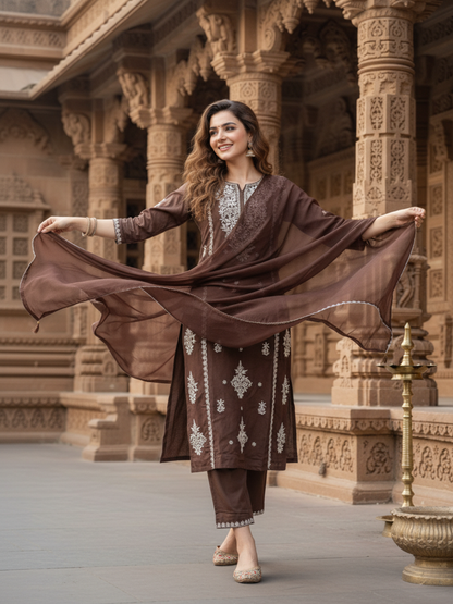 Solid Embroidered Straight Kurta with Palazzo & Dupatta - Brown