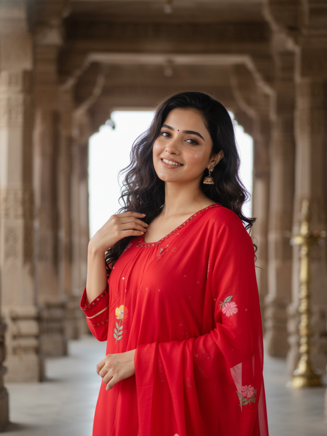 Solid Mirror Work & Sequin Embroidered A-Line Kurta with Palazzo & Dupatta - Red