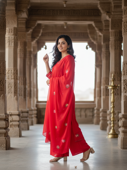 Solid Mirror Work & Sequin Embroidered A-Line Kurta with Palazzo & Dupatta - Red