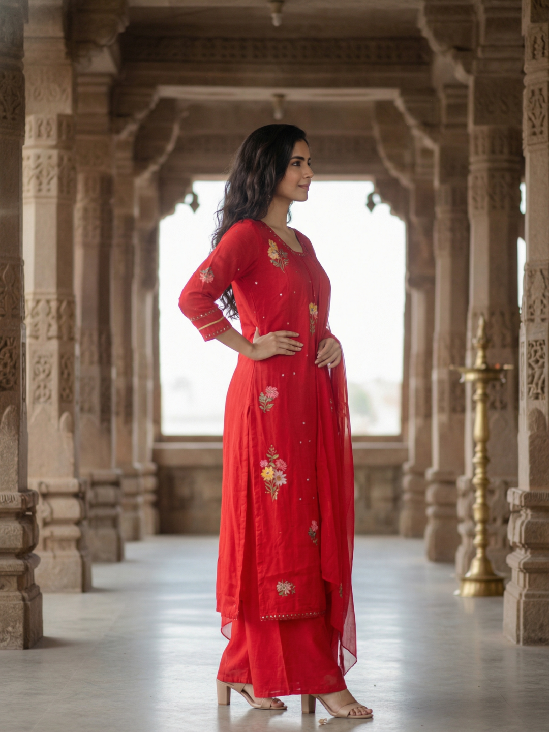 Solid Mirror Work & Sequin Embroidered A-Line Kurta with Palazzo & Dupatta - Red