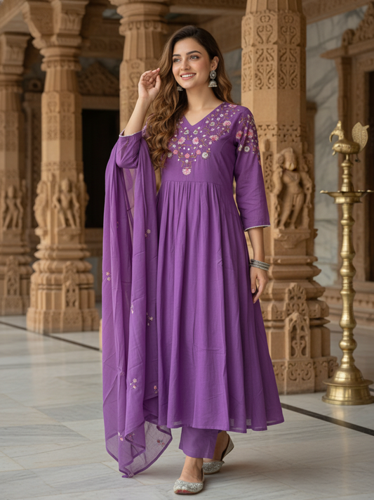 Solid Sequin & Embroidered A-Line Kurta with Pant & Dupatta - Purple