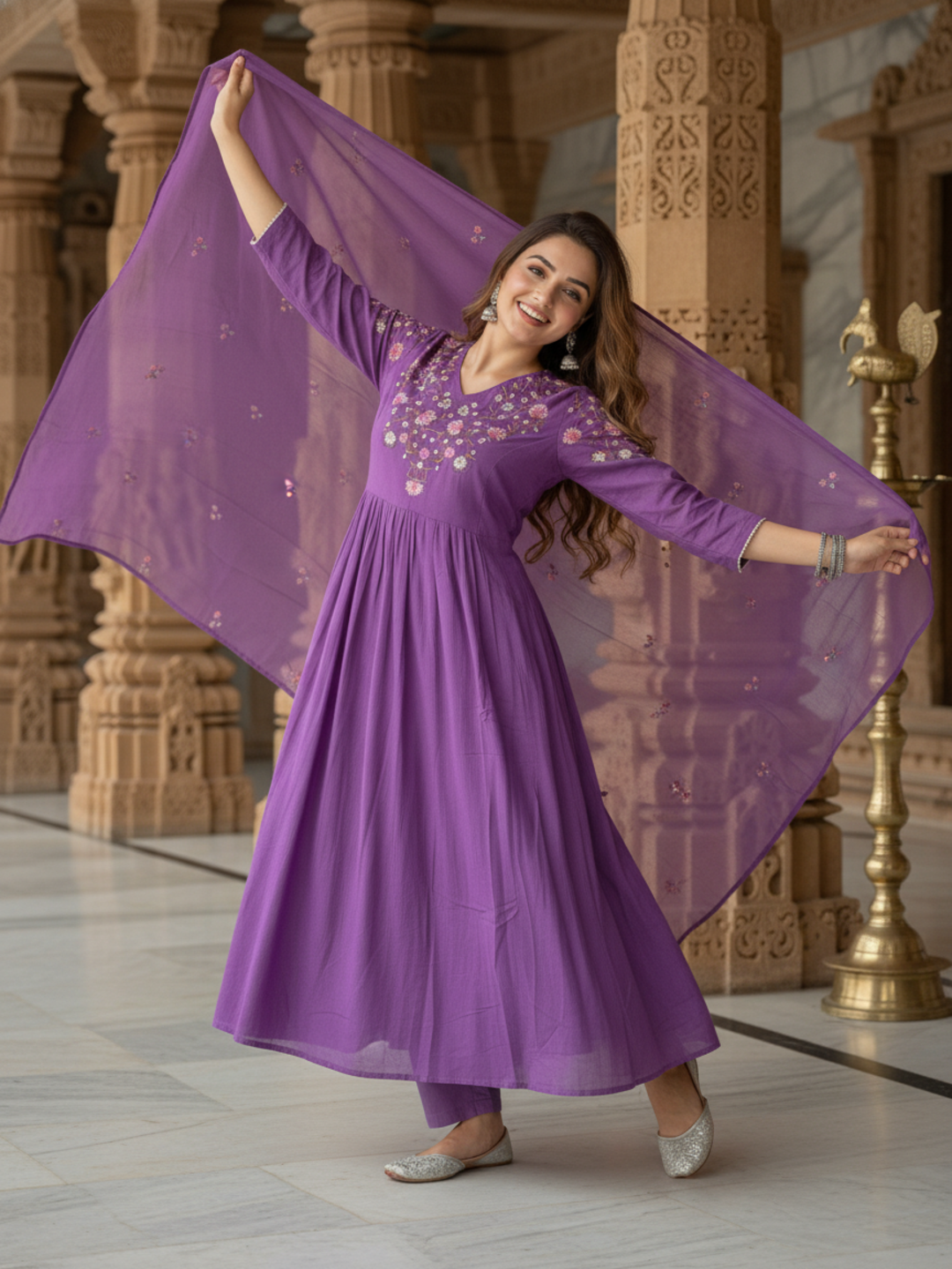 Solid Sequin & Embroidered A-Line Kurta with Pant & Dupatta - Purple