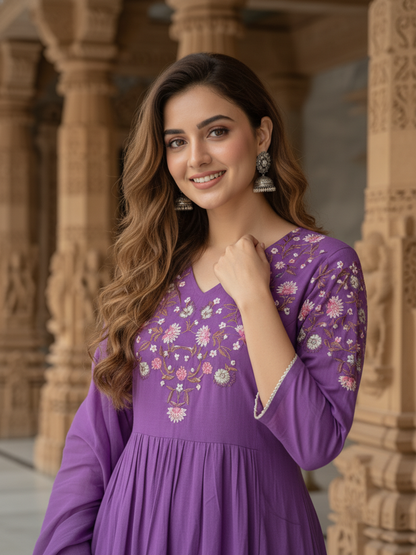 Solid Sequin & Embroidered A-Line Kurta with Pant & Dupatta - Purple