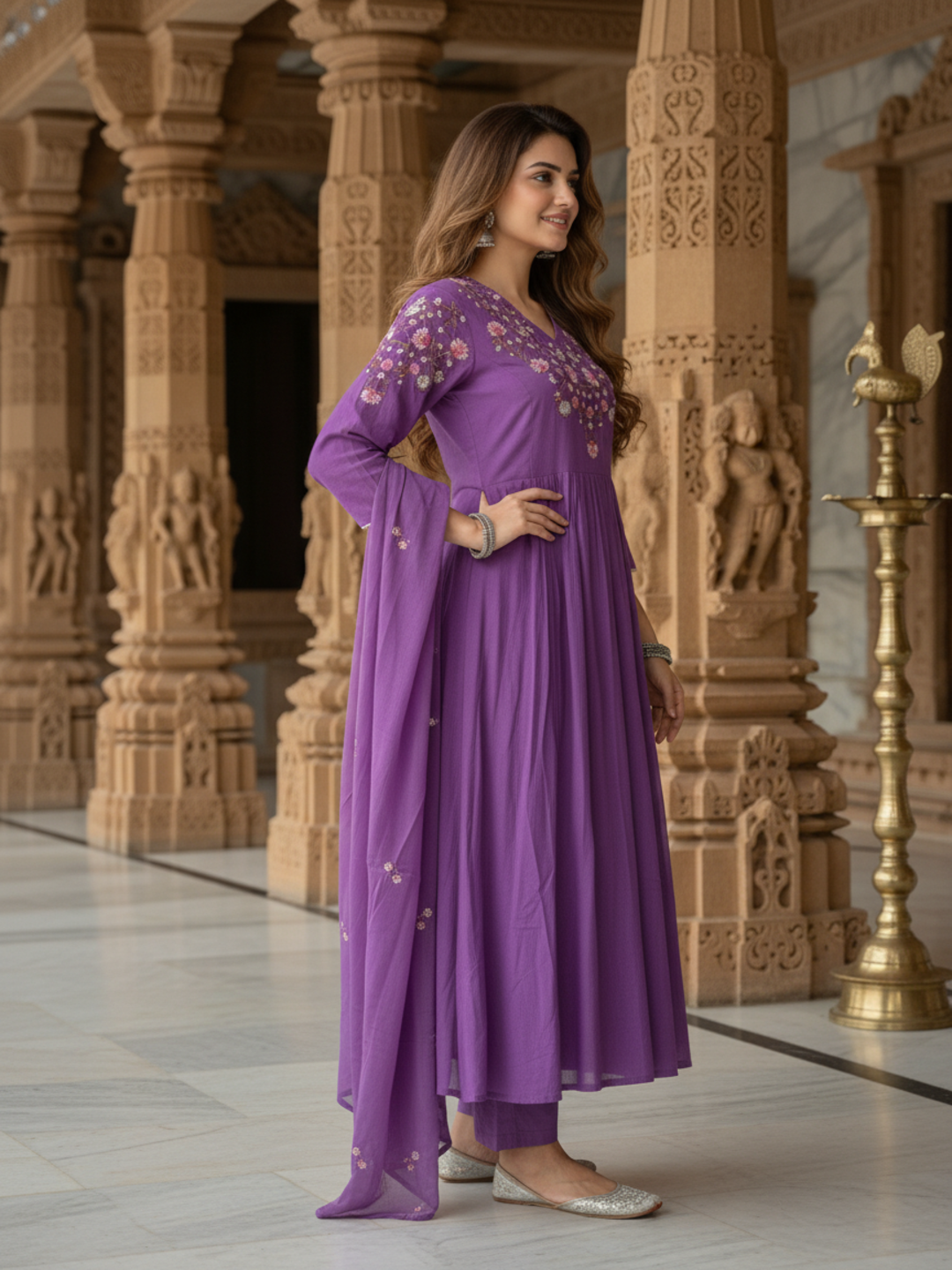 Solid Sequin & Embroidered A-Line Kurta with Pant & Dupatta - Purple