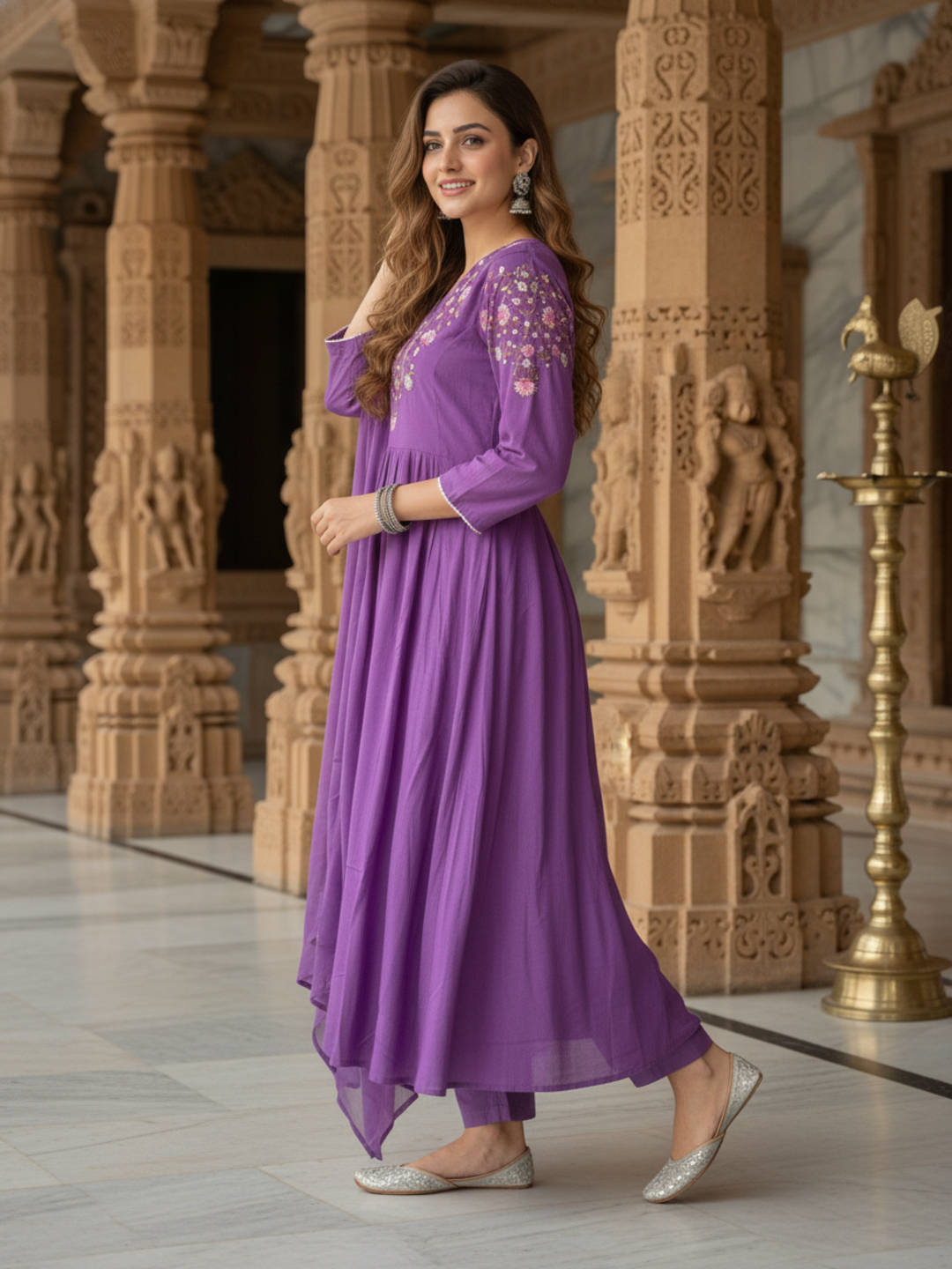 Solid Sequin & Embroidered A-Line Kurta with Pant & Dupatta - Purple