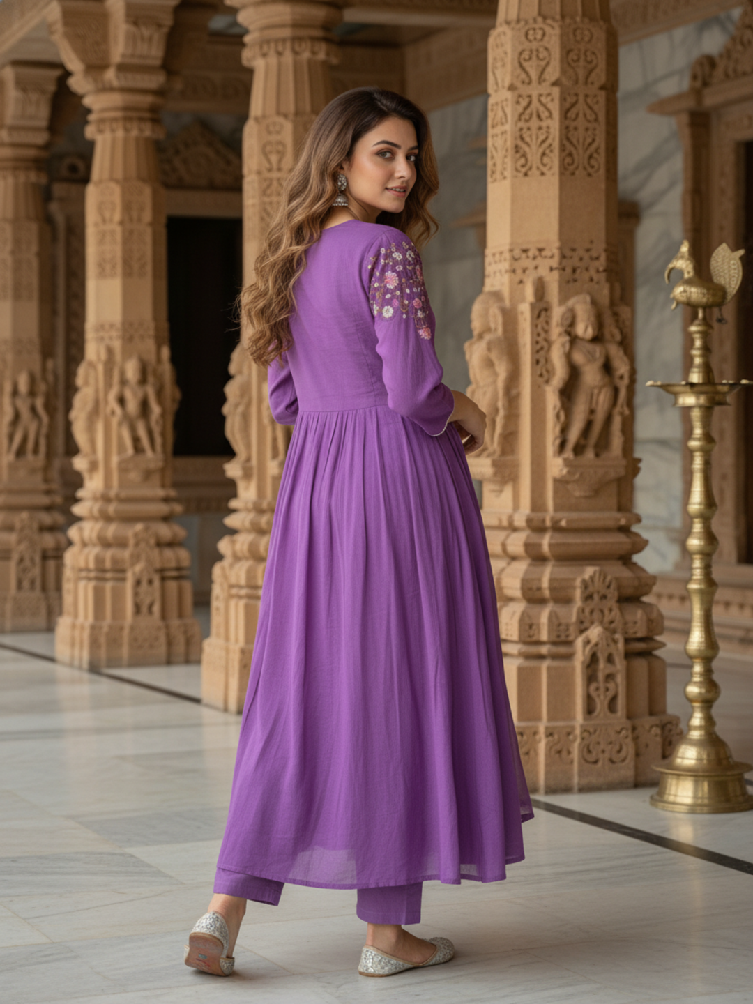 Solid Sequin & Embroidered A-Line Kurta with Pant & Dupatta - Purple