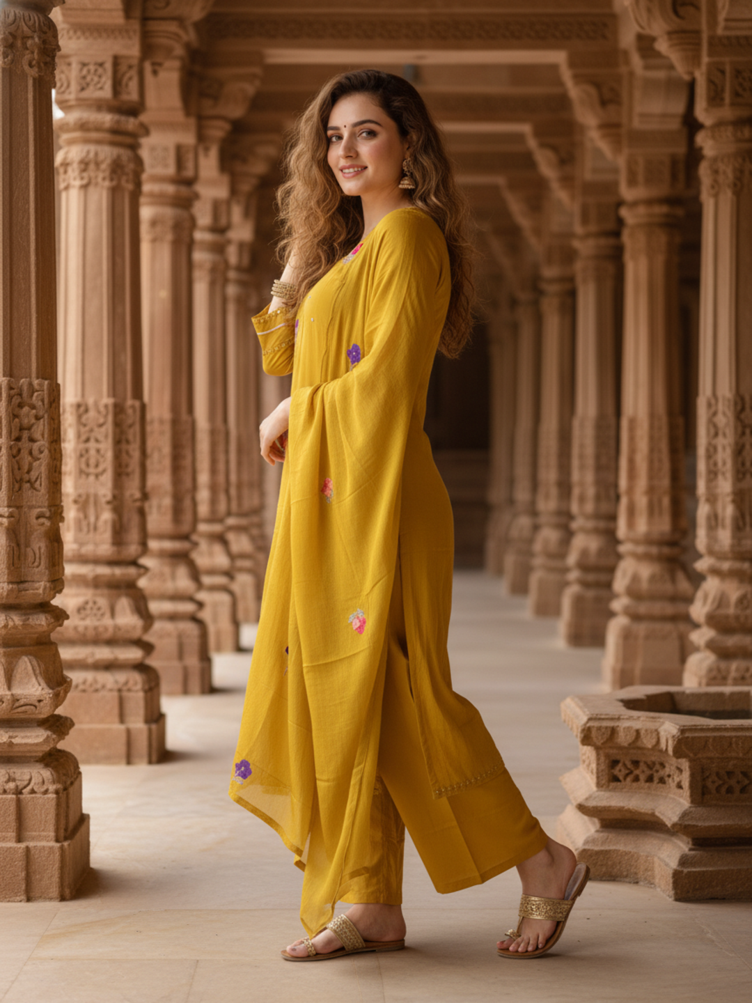 Solid Mirror Work & Sequin Embroidered A-Line Kurta with Palazzo & Dupatta - Mustard