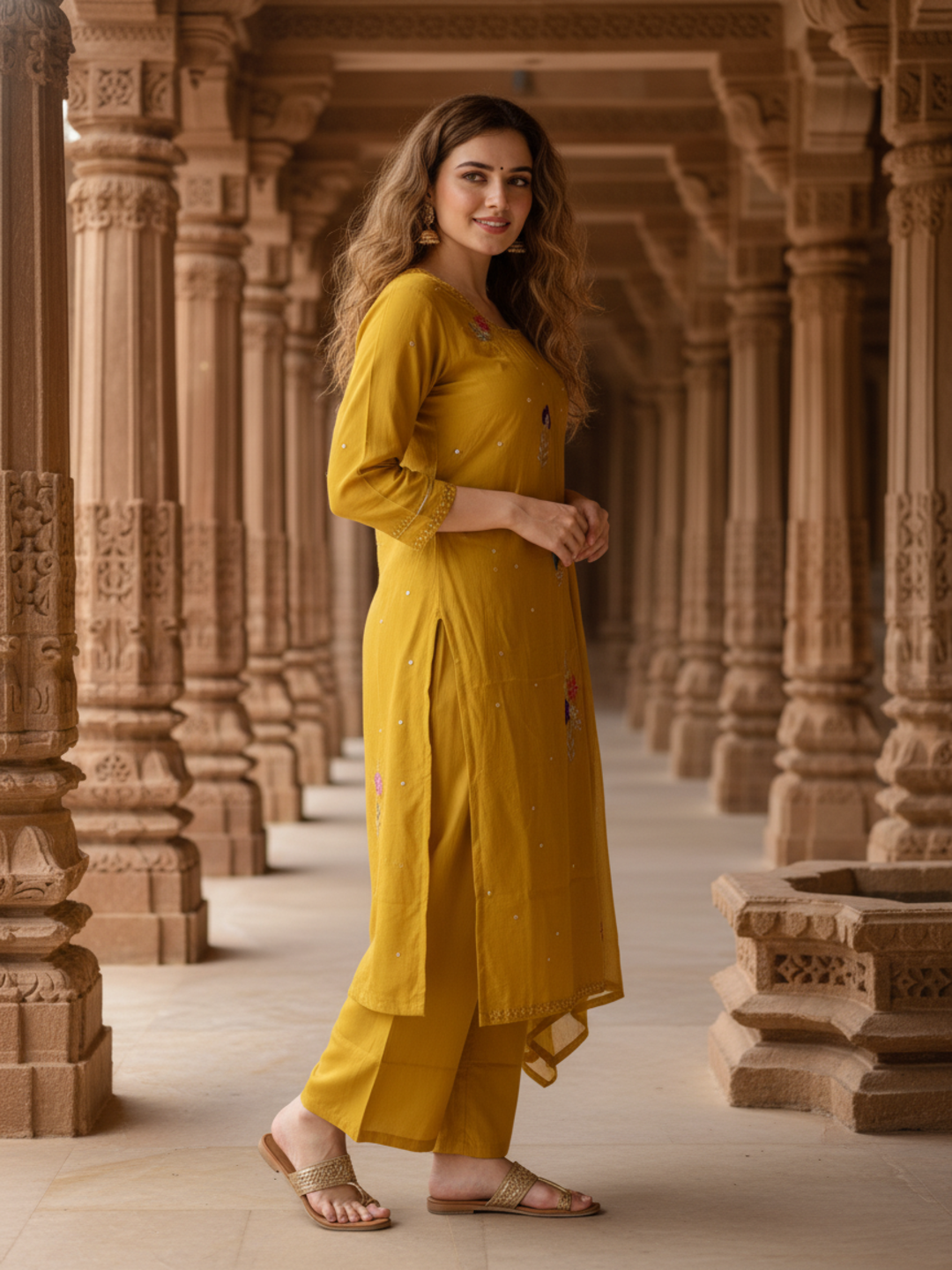 Solid Mirror Work & Sequin Embroidered A-Line Kurta with Palazzo & Dupatta - Mustard