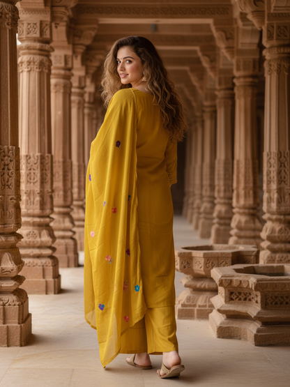 Solid Mirror Work & Sequin Embroidered A-Line Kurta with Palazzo & Dupatta - Mustard