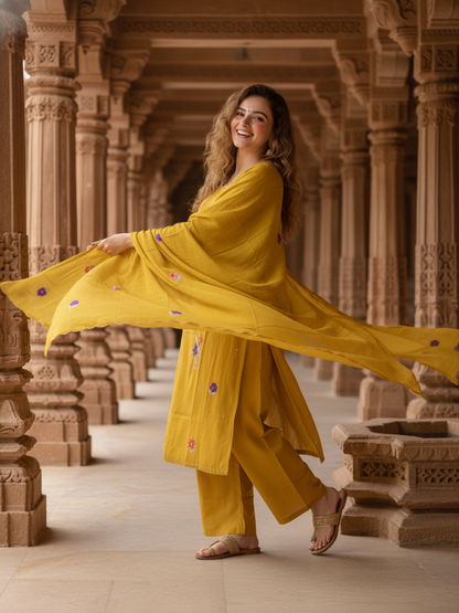 Solid Mirror Work & Sequin Embroidered A-Line Kurta with Palazzo & Dupatta - Mustard