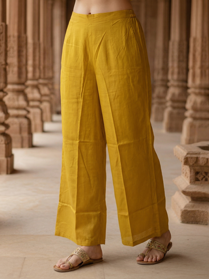 Solid Mirror Work & Sequin Embroidered A-Line Kurta with Palazzo & Dupatta - Mustard