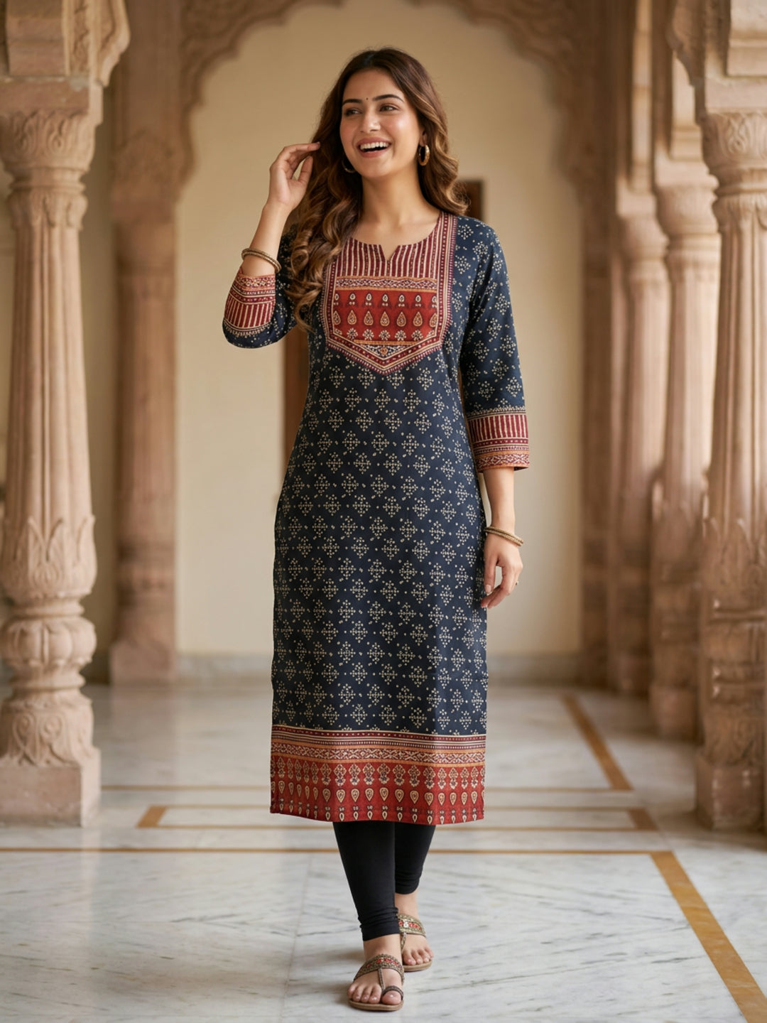 Ethnic Bandhani Printed Sequin Detailed Straight Kurta - Black