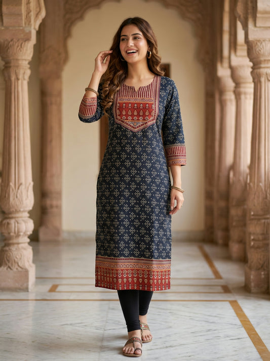 Ethnic Bandhani Printed Sequin Detailed Straight Kurta - Black
