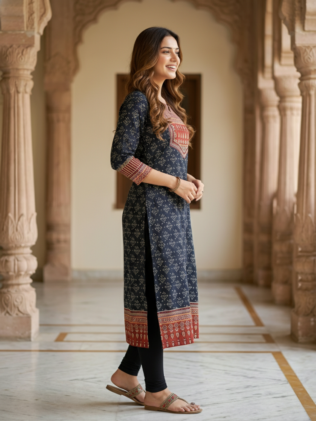 Ethnic Bandhani Printed Sequin Detailed Straight Kurta - Black