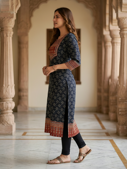 Ethnic Bandhani Printed Sequin Detailed Straight Kurta - Black