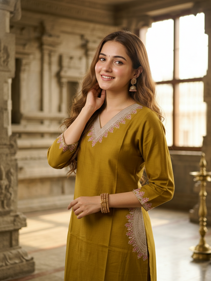 Solid Embroidered Straight Kurta - Mustard Yellow