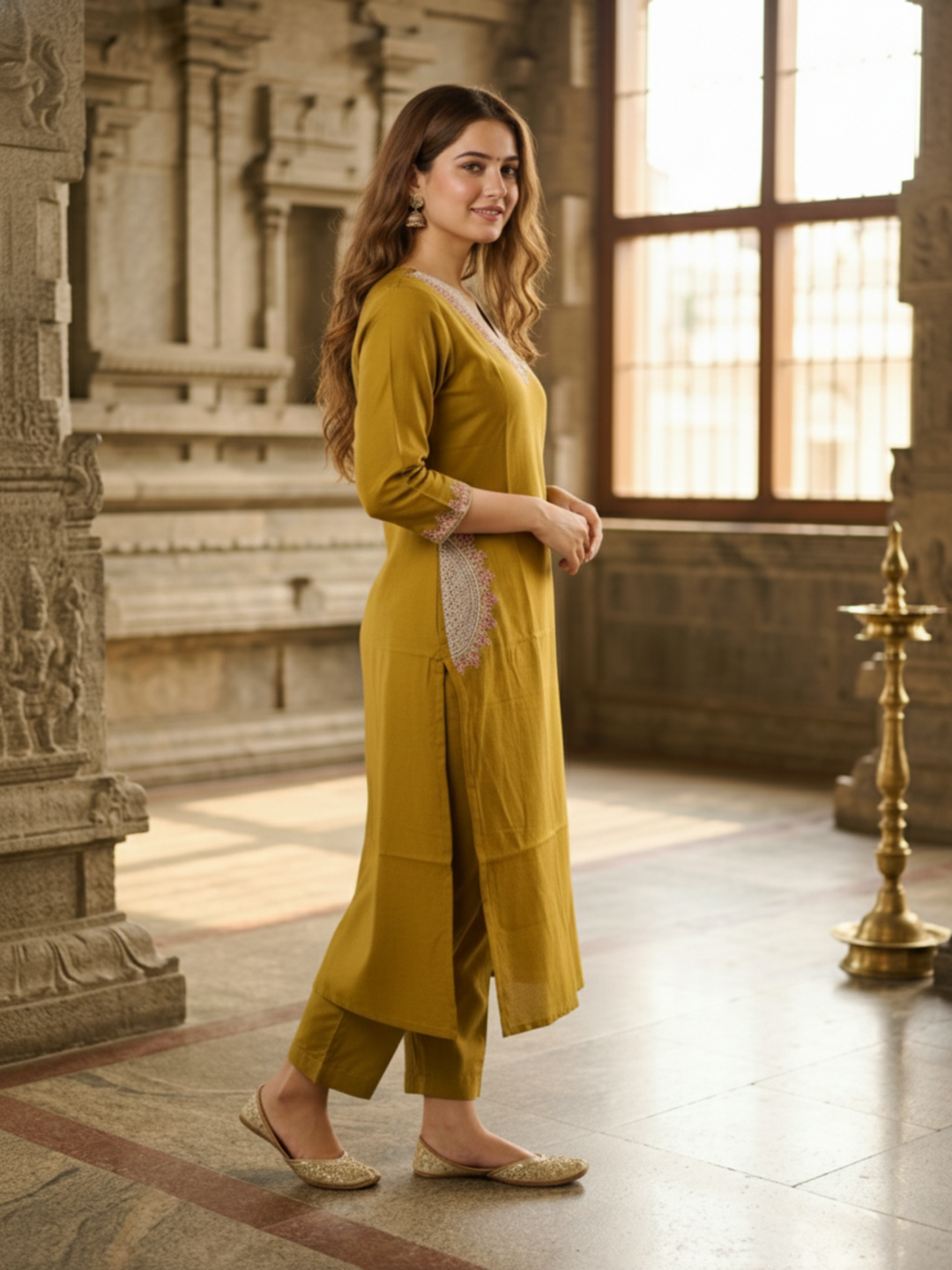 Solid Embroidered Straight Kurta - Mustard Yellow