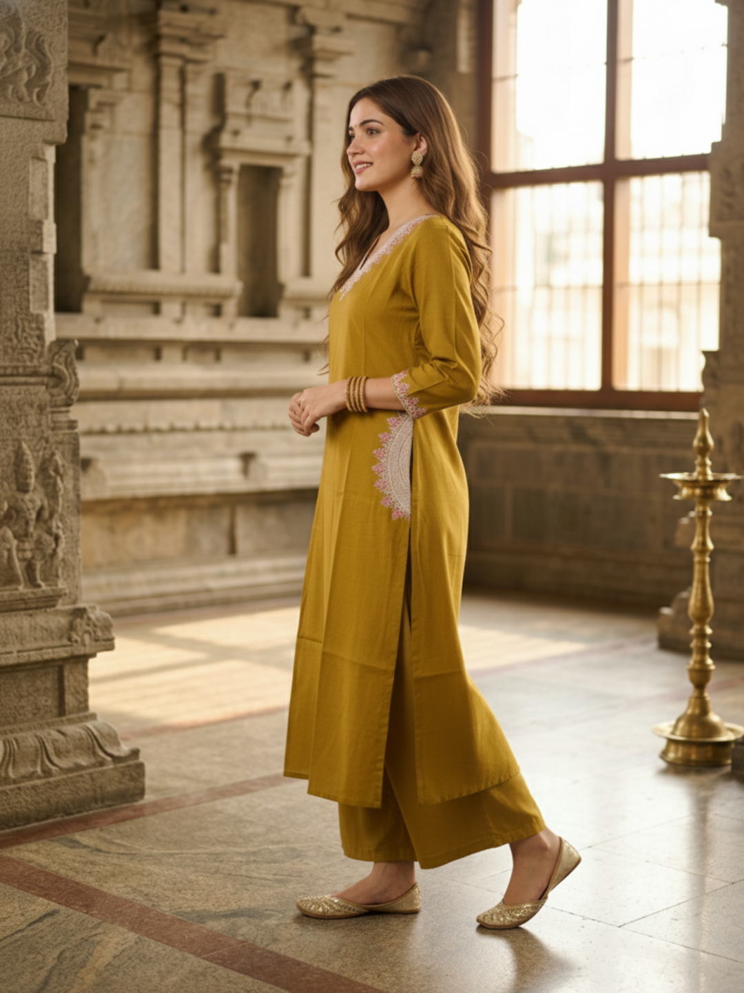 Solid Embroidered Straight Kurta - Mustard Yellow