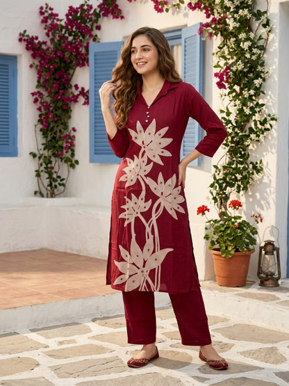 Abstract Floral Printed A-Line Top with Palazzo - Burgundy
