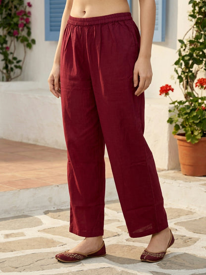Abstract Floral Printed A-Line Top with Palazzo - Burgundy