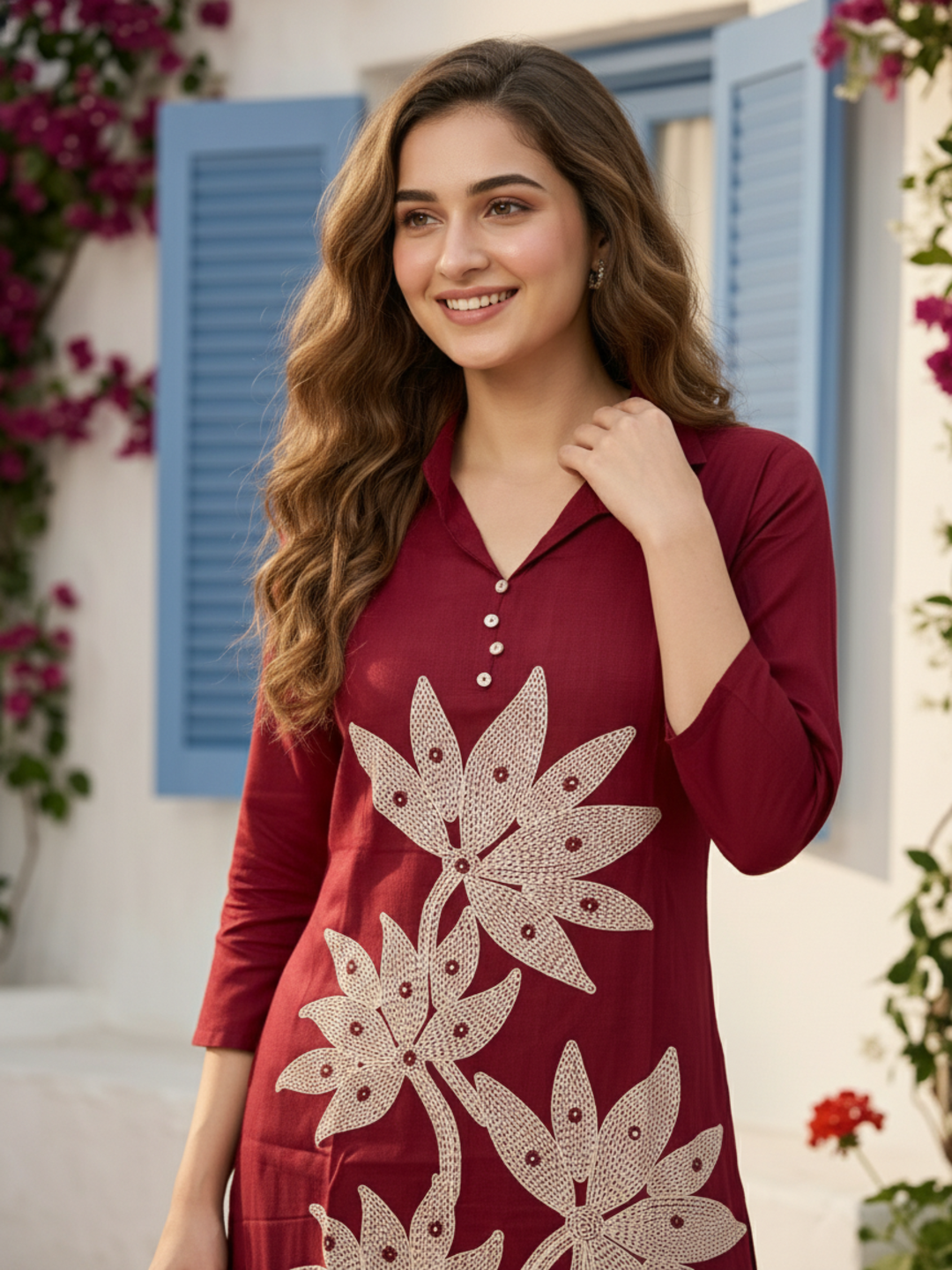 Abstract Floral Printed A-Line Top with Palazzo - Burgundy