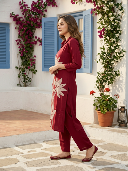 Abstract Floral Printed A-Line Top with Palazzo - Burgundy