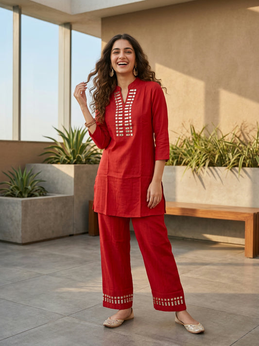 Solid Mirror Work Embroidered Straight Top with Palazzo - Rust