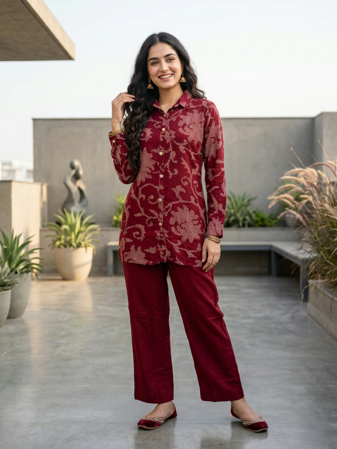 Floral Bandhani Printed A-Line Top with Palazzo - Maroon