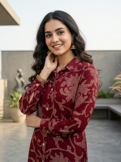 Floral Bandhani Printed A-Line Top with Palazzo - Maroon