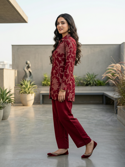 Floral Bandhani Printed A-Line Top with Palazzo - Maroon