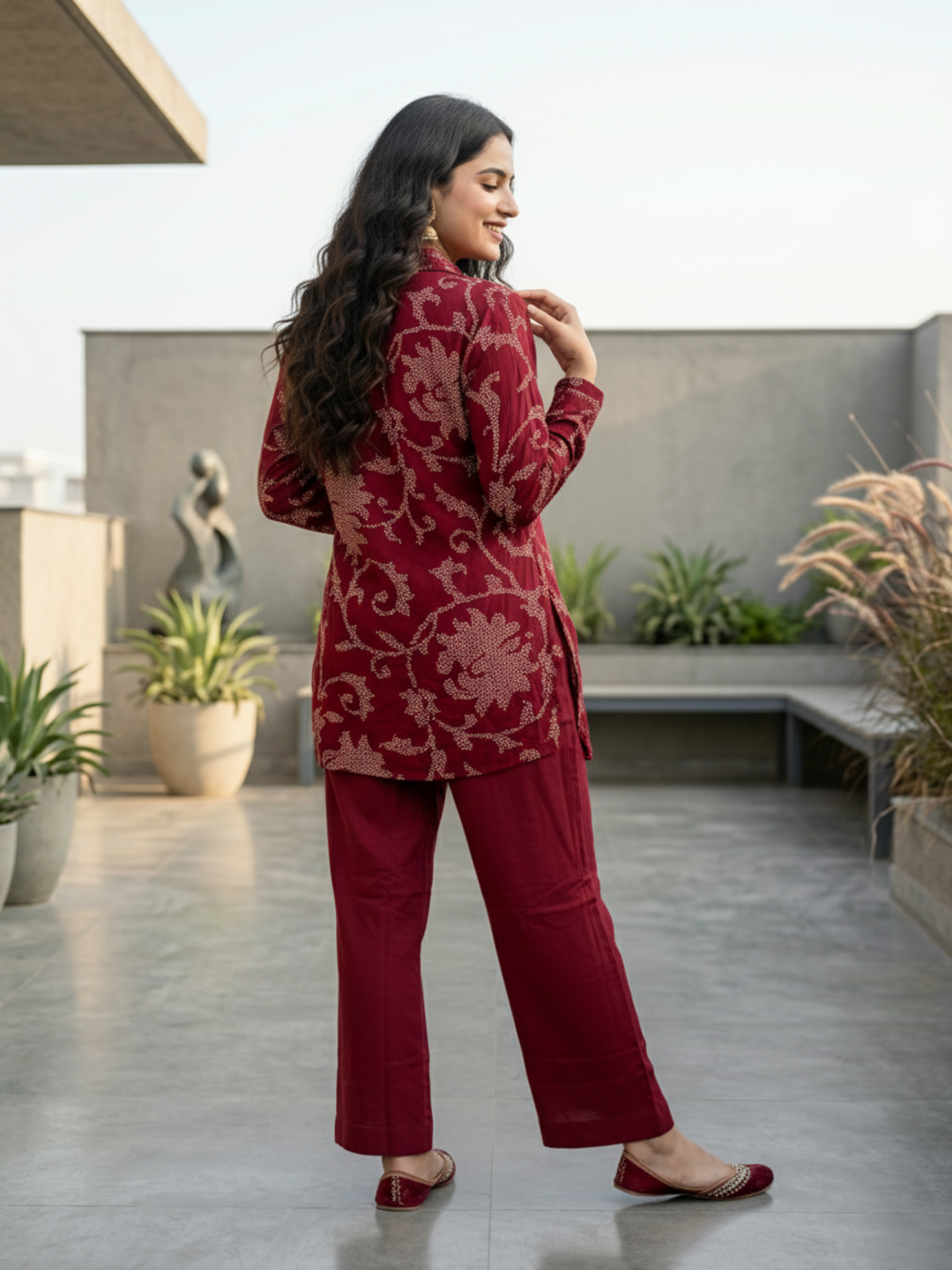 Floral Bandhani Printed A-Line Top with Palazzo - Maroon