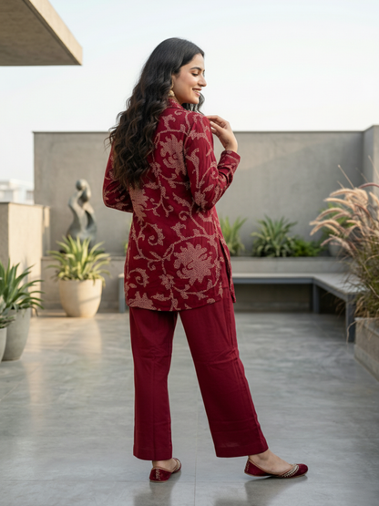 Floral Bandhani Printed A-Line Top with Palazzo - Maroon