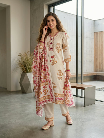 Ethnic Floral Printed Embroidered Straight Kurta with Palazzo & Dupatta - White