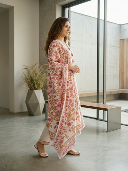 Ethnic Floral Printed Embroidered Straight Kurta with Palazzo & Dupatta - White