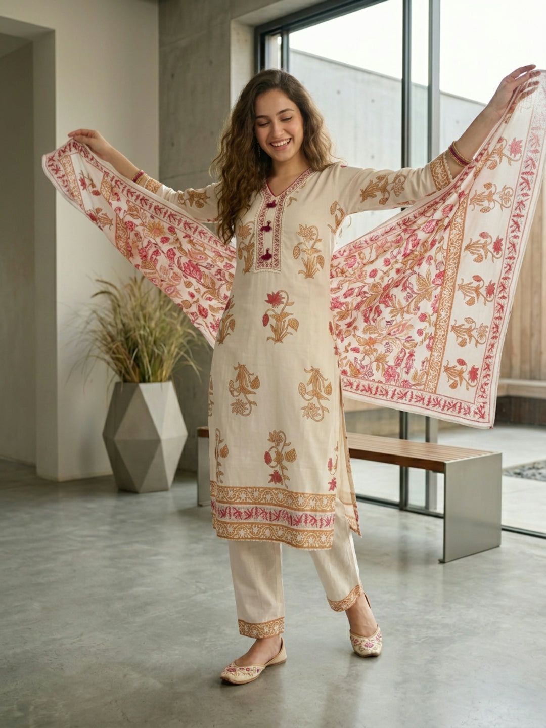 Ethnic Floral Printed Embroidered Straight Kurta with Palazzo & Dupatta - White