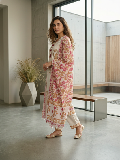 Ethnic Floral Printed Embroidered Straight Kurta with Palazzo & Dupatta - White