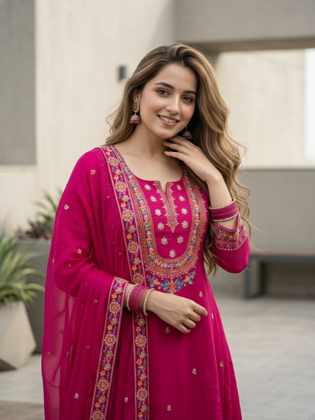 Embroidered Anarkali Kurta with Pant & Dupatta - Rani Pink