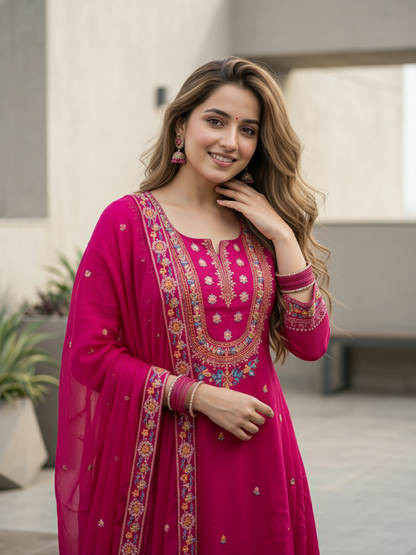 Embroidered Anarkali Kurta with Pant & Dupatta - Rani Pink