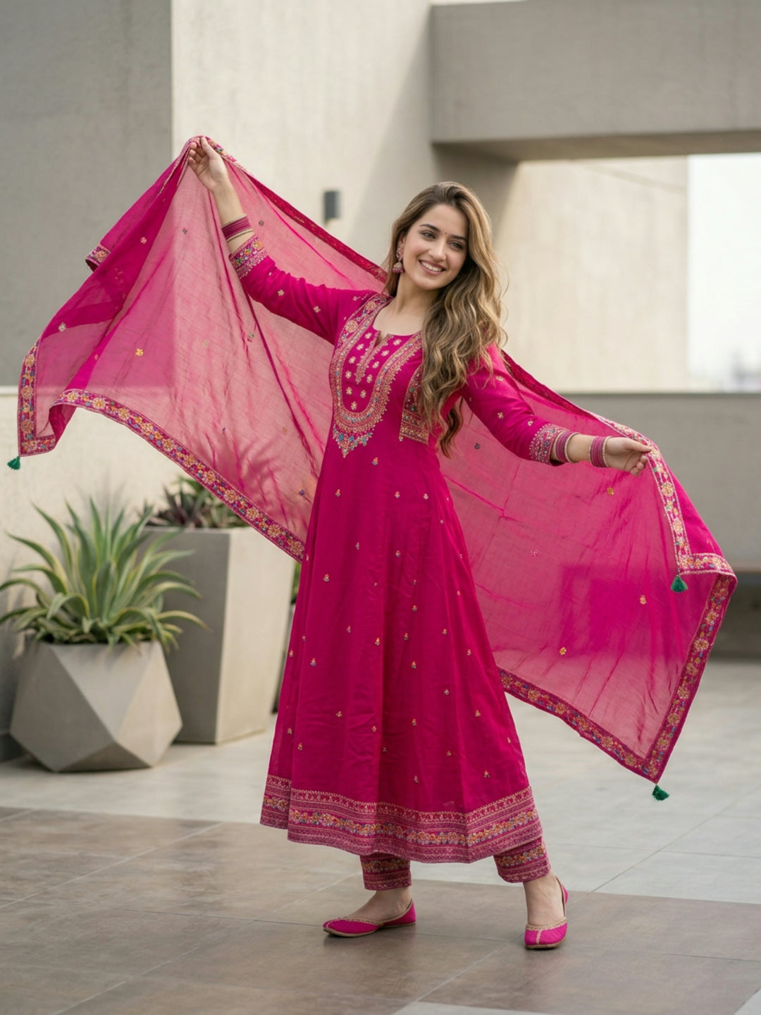 Embroidered Anarkali Kurta with Pant & Dupatta - Rani Pink