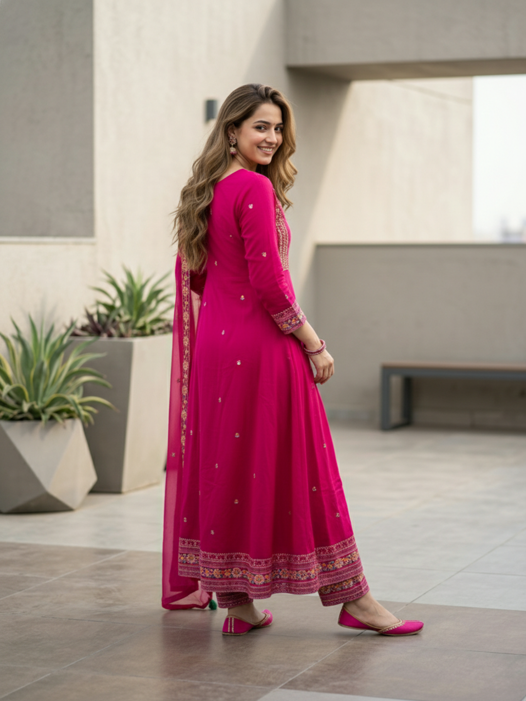 Embroidered Anarkali Kurta with Pant & Dupatta - Rani Pink
