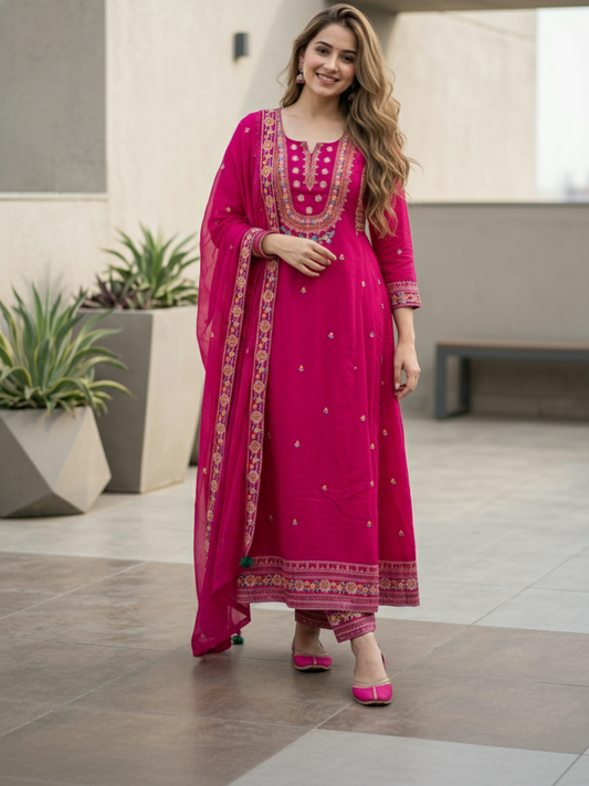 Embroidered Anarkali Kurta with Pant & Dupatta - Rani Pink