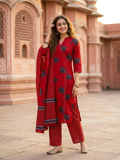 Ethnic Elephant Printed Straight Kurta with Pant & Dupatta - Rust
